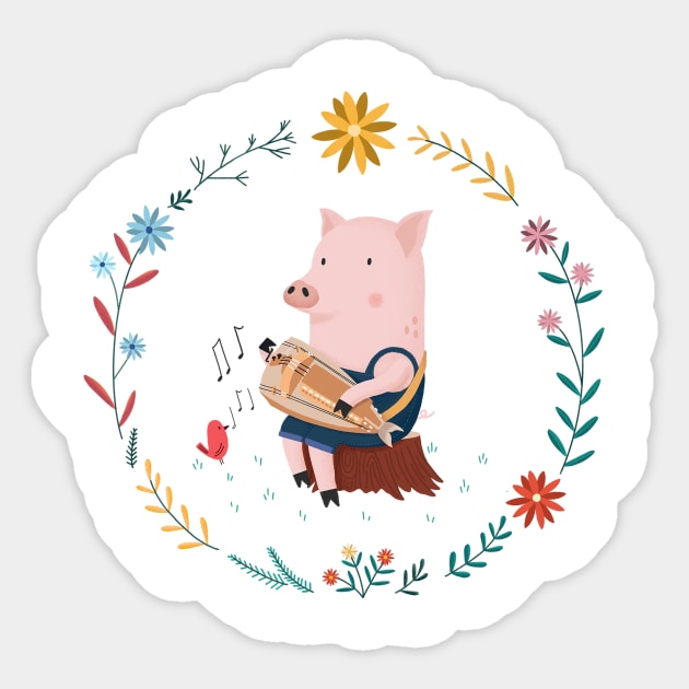 pig playing hurdy-gurdy Sticker by marcvaello